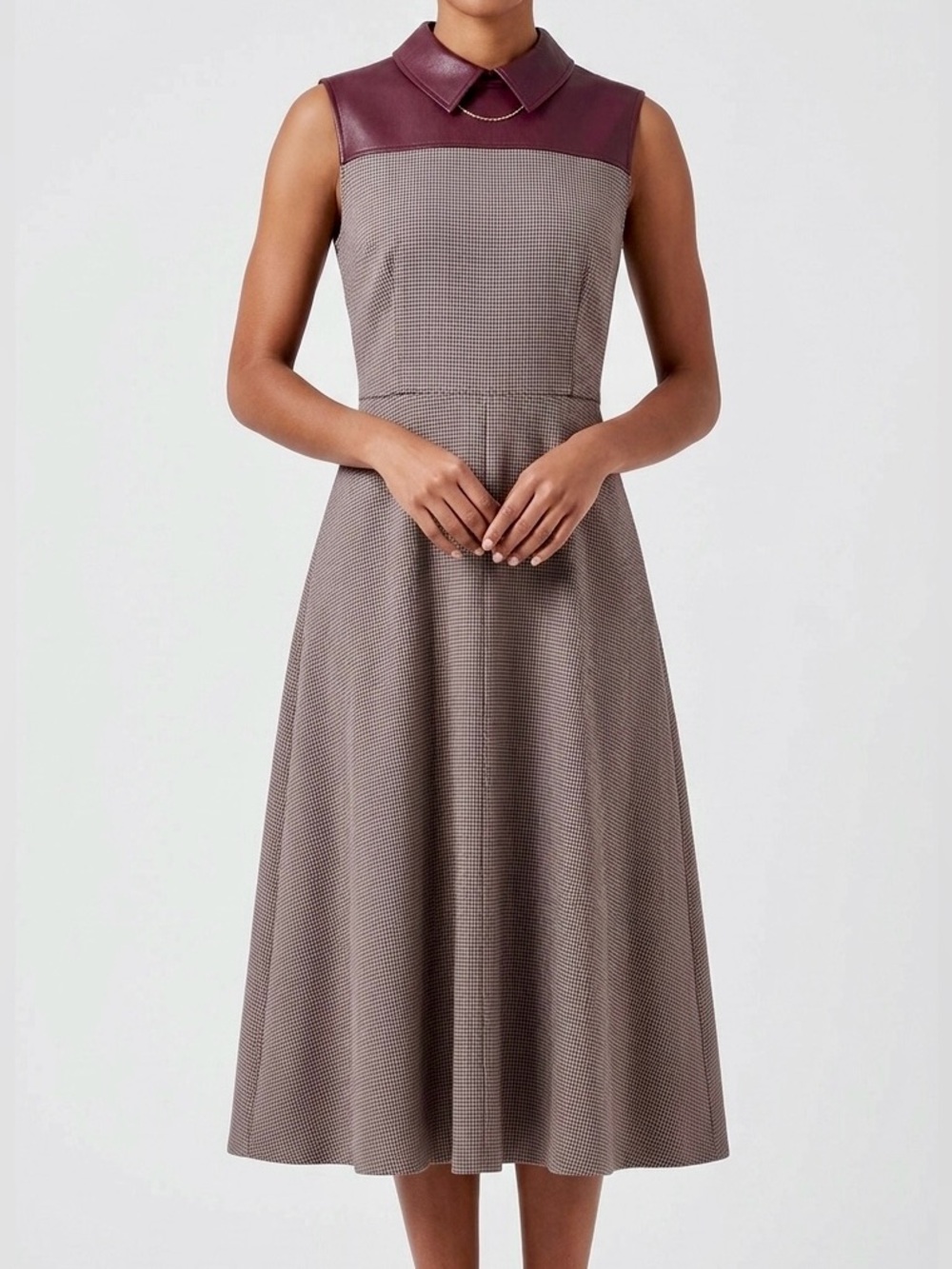 BCBGMaxAzria Burgundy Leather & Brown Herringbone Plaid Wool Midi Dress